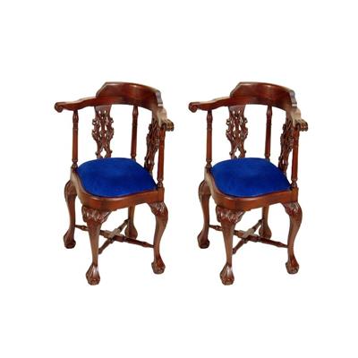 2 chaises d'angle style victorien en acajou et velours bleu