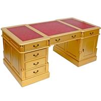 Bureau doré anglais en acajou massif 180 cm plateau rouge Bristol