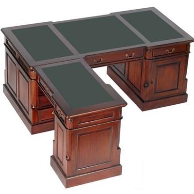 Bureau d'angle style anglais victorien en acajou massif plateau vert Cambridge