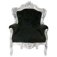 Fauteuil royal baroque en bois argenté et velours noir Stockholm