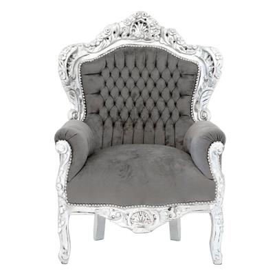 Trône baroque royal en bois argenté et velours gris Stocklholm