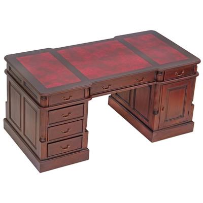 Bureau d'avocat double face anglais en acajou massif 180 cm plateau rouge Bristol