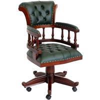 Fauteuil de bureau anglais en acajou capitonné vert Oxford