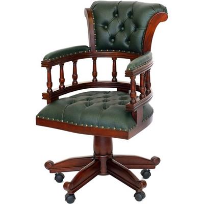 Fauteuil de bureau anglais en acajou capitonné vert Oxford