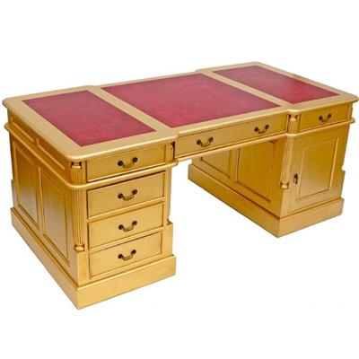 Bureau doré anglais en acajou massif 180 cm plateau rouge Bristol