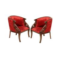 2 fauteuils gondole style Napoléon cols de cygne en acajou et velours rouge Malmaison