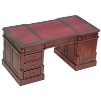 Bureau d'avocat double face anglais en acajou massif 180 cm plateau rouge Bristol