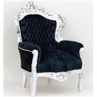 Fauteuil royal baroque en bois argenté et velours noir Stockholm