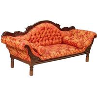 Canapé style colonial en acajou massif et tissu rouge Grignon