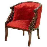 2 fauteuils gondole style Napoléon cols de cygne en acajou et velours rouge Malmaison