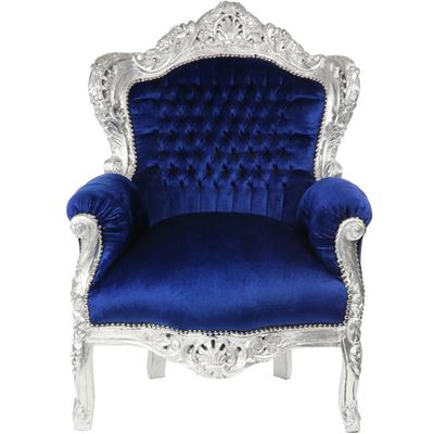 Fauteuil rococo royal velours bleu et bois argent Stockholm