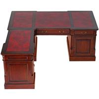 Bureau avocat d'angle style anglais en acajou massif plateau rouge Cambridge